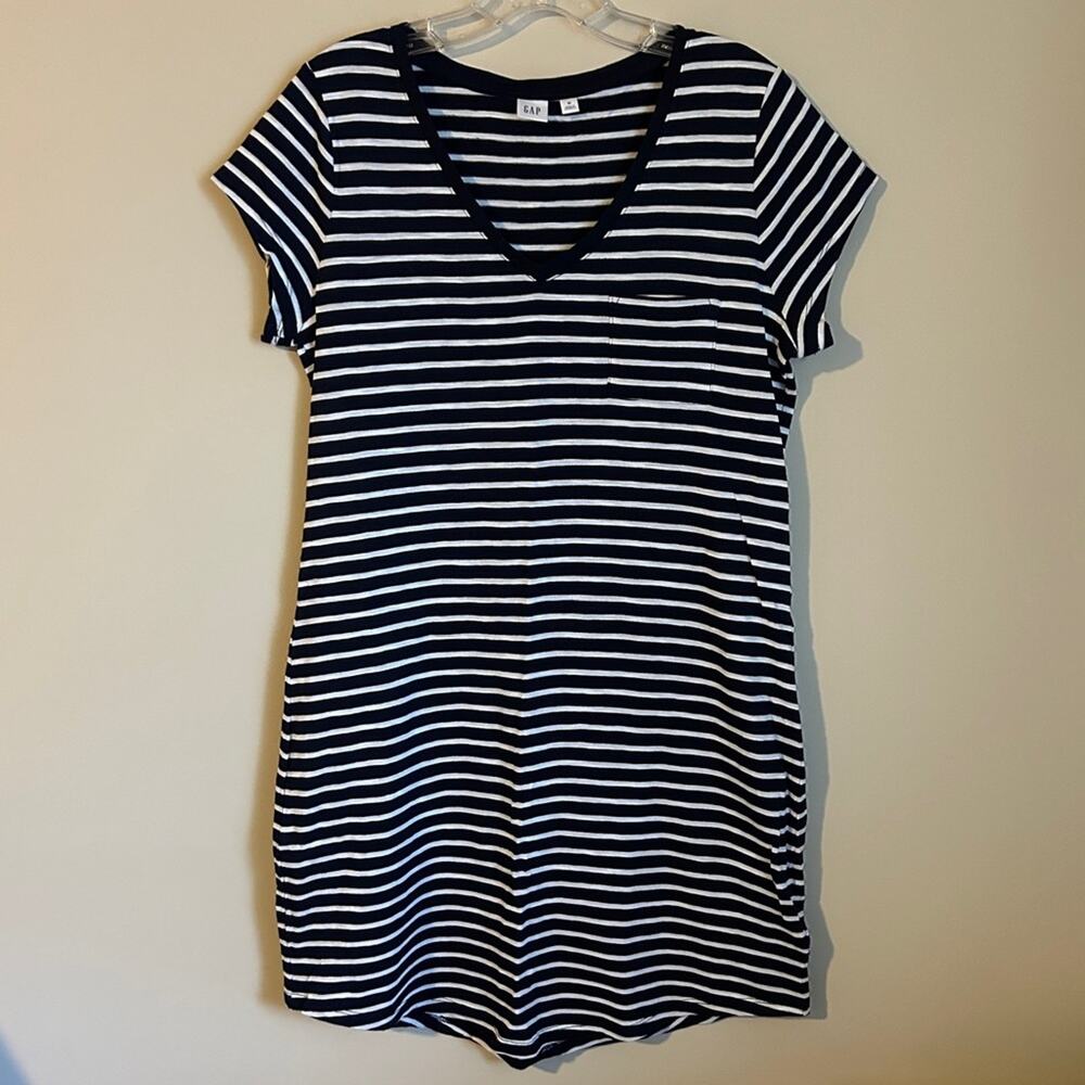 ✨GAP Navy Blue/White Striped V-Neck Short Sleeve Cotton T-Shirt Dress Sz  Medium